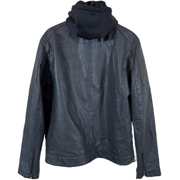 GUESS Black Hooded Lightweight Vegan Faux Leather Moto Zip Jacket - Picture 15 of 16